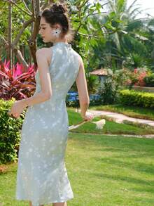 印花中山領連衣裙 - 薄荷綠 - 查看 2