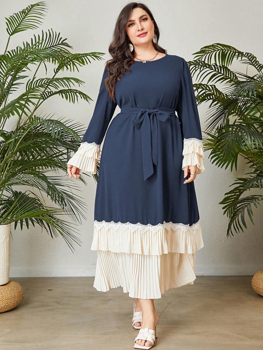 Al Najma Đầm Plus Size Thắt lưng Xếp li phân lớp Khối Màu Khiêm tốn - Màu xanh hải quân - Xem 1