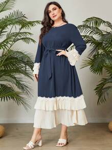 Al Najma Đầm Plus Size Thắt lưng Xếp li phân lớp Khối Màu Khiêm tốn - Màu xanh hải quân - Xem 5