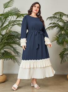 Al Najma Đầm Plus Size Thắt lưng Xếp li phân lớp Khối Màu Khiêm tốn - Màu xanh hải quân - Xem 6