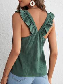 SHEIN Frenchy Solid Ruffle Trim Top - Dark Green - View 2