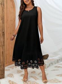 INAWLY Plus Laser Cut Scallop Trim Tank Dress
