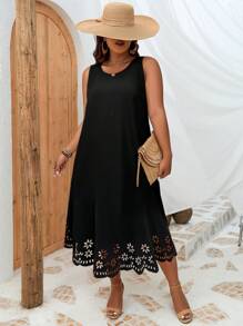 INAWLY Plus Laser Cut Scallop Trim Tank Dress