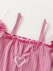 Tween Girl Heart Print Cold Shoulder Frill Trim Dress - Hot Pink - View 7