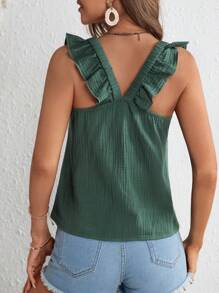 SHEIN Frenchy Solid Ruffle Trim Top - Dark Green - View 3
