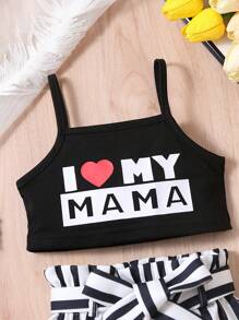 Baby Slogan Graphic Cami Top & Striped Shorts - Black and White - View 3