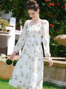 Đầm Xù Dây kéo Nếp gấp Phần Ngực Hoa Tất cả trên in Boho - Nhiều màu - Xem 1