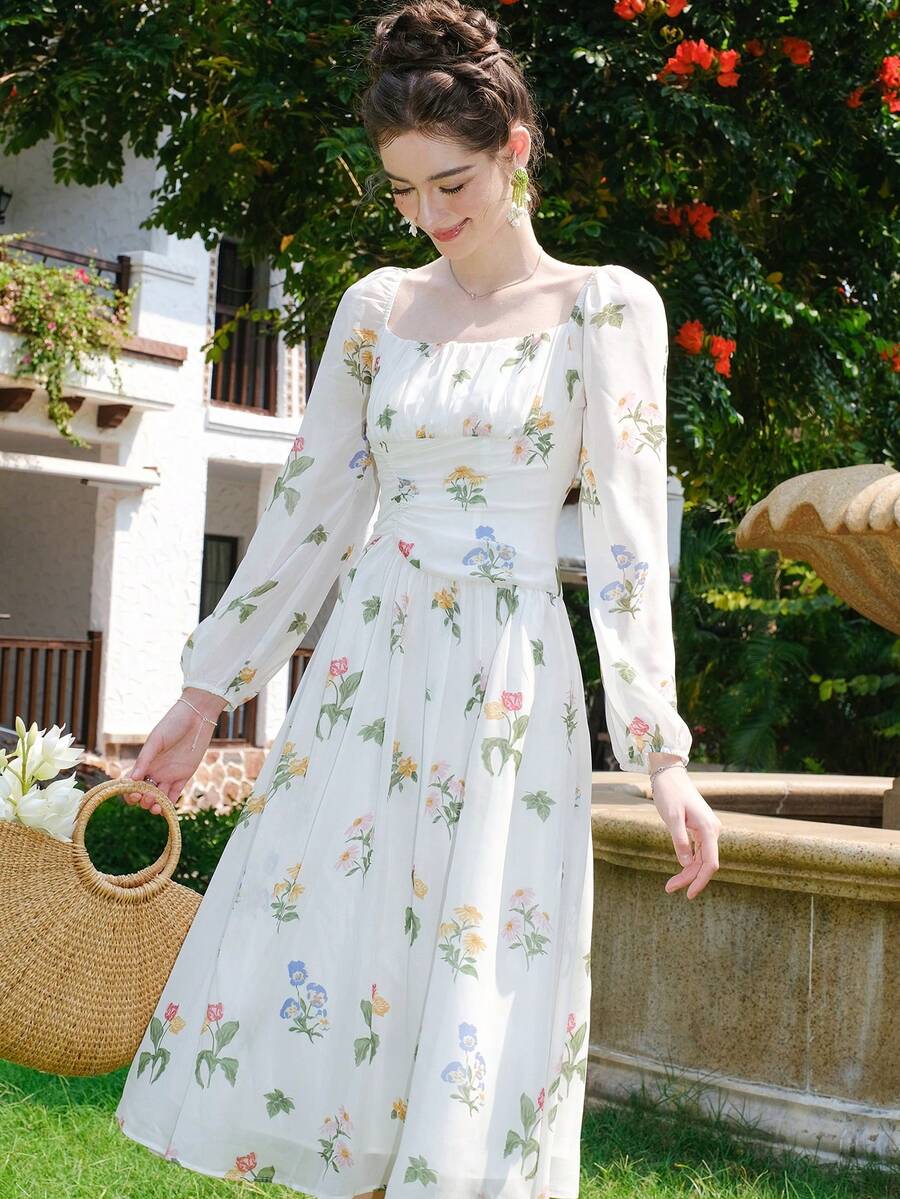 Đầm Xù Dây kéo Nếp gấp Phần Ngực Hoa Tất cả trên in Boho - Nhiều màu - Xem 1