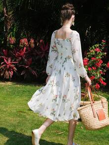 Đầm Xù Dây kéo Nếp gấp Phần Ngực Hoa Tất cả trên in Boho - Nhiều màu - Xem 2