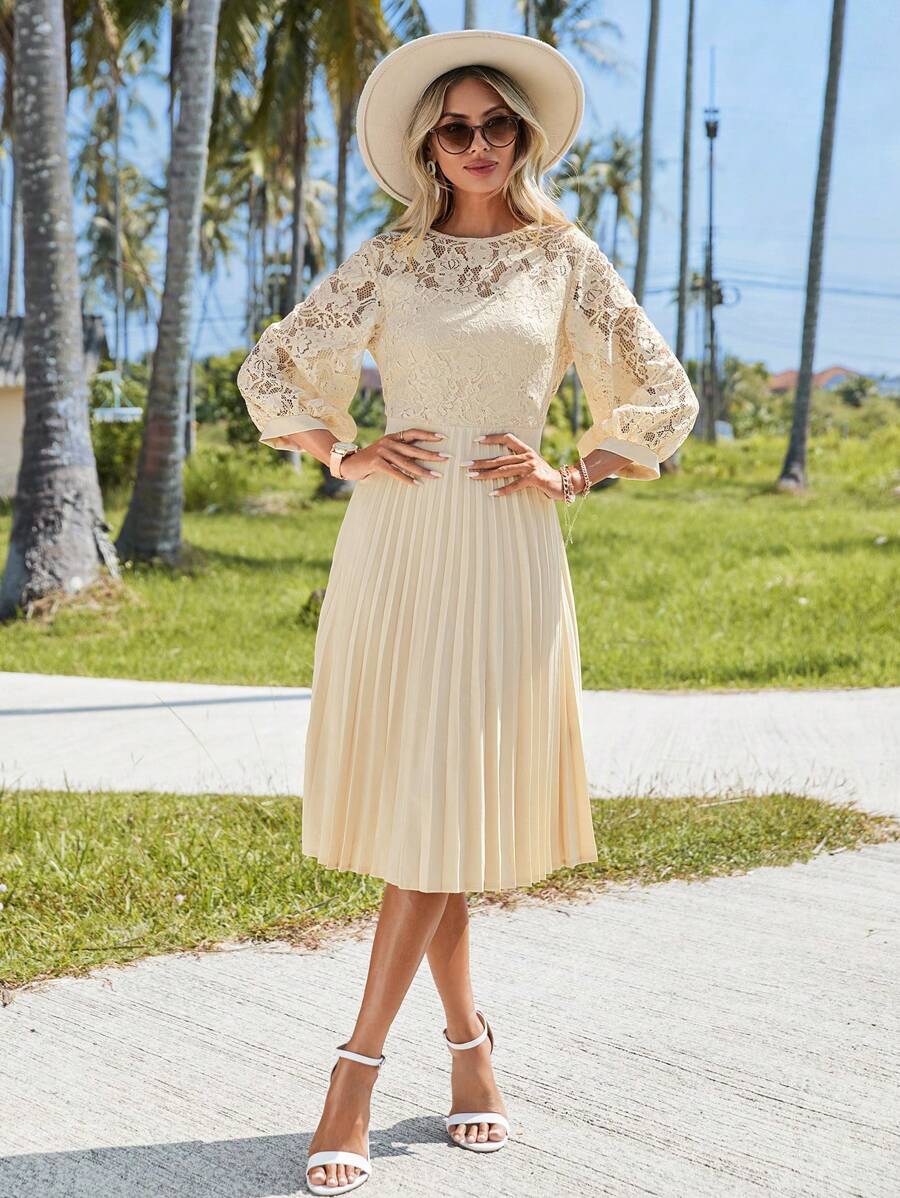 SHEIN VCAY Vestido con encaje de manga farol bajo fruncido
