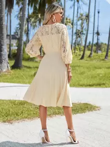 SHEIN VCAY Vestido con encaje de manga farol bajo fruncido