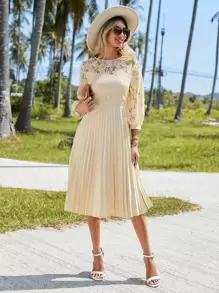 SHEIN VCAY Vestido con encaje de manga farol bajo fruncido