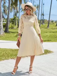 SHEIN VCAY Vestido con encaje de manga farol bajo fruncido