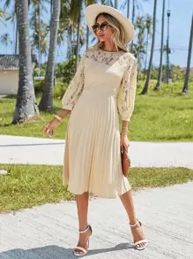 SHEIN VCAY Vestido con encaje de manga farol bajo fruncido