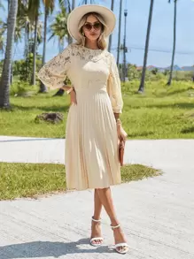 SHEIN VCAY Vestido con encaje de manga farol bajo fruncido