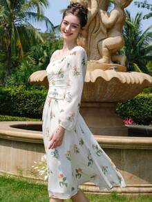 Đầm Xù Dây kéo Nếp gấp Phần Ngực Hoa Tất cả trên in Boho - Nhiều màu - Xem 4