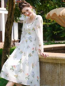 Đầm Xù Dây kéo Nếp gấp Phần Ngực Hoa Tất cả trên in Boho - Nhiều màu - Xem 6