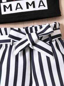 Baby Slogan Graphic Cami Top & Striped Shorts - Black and White - View 4