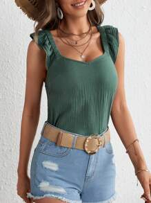 SHEIN Frenchy Solid Ruffle Trim Top - Dark Green - View 6