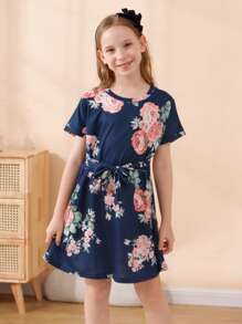 Girls Floral Print Tie Front Dress - Navy Blue - View 1