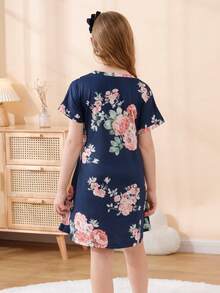Girls Floral Print Tie Front Dress - Navy Blue - View 2