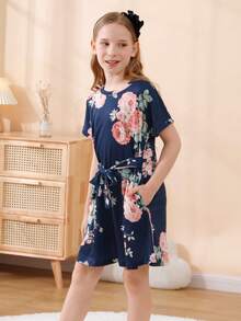 Girls Floral Print Tie Front Dress - Navy Blue - View 4