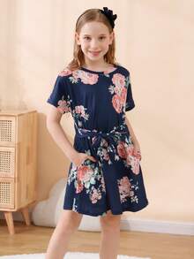 Girls Floral Print Tie Front Dress - Navy Blue - View 5