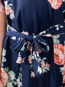 Girls Floral Print Tie Front Dress - Navy Blue - View 7