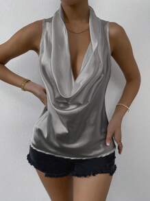 SHEIN BAE Áo sơ mi nữ Vắt màu trơn Thanh lịch - Xám - Xem 5