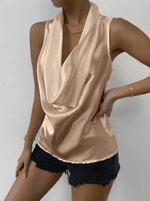 Firerie Draped Collar Satin Blouse - Champagne - View 6