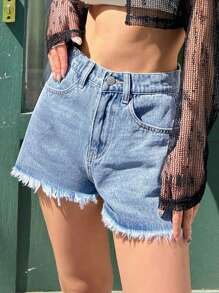 DAZY Quần short denim nữ Nút Túi Hem thô màu trơn - Rửa nhẹ - Xem 5