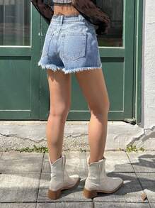 DAZY Quần short denim nữ Nút Túi Hem thô màu trơn - Rửa nhẹ - Xem 6