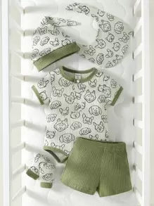 SHEIN 男嬰卡通圖案撞色滾邊連體衣和短褲