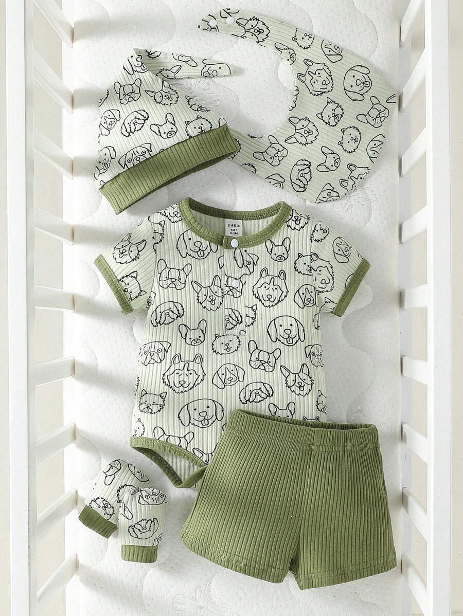 SHEIN 男嬰卡通圖案撞色滾邊連體衣和短褲