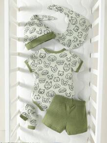 SHEIN 男嬰卡通圖案撞色滾邊連體衣和短褲