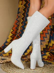 Women's Pointed Toe Chunky Heel Short Boots, Versatile Fashion High Heel Ankle Boots For Spring, Autumn & Winter,Party - White - View 4