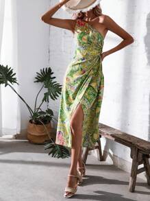 SHEIN VCAY Paisley Print One Shoulder Wrap Hem Dress - Multicolor - View 1