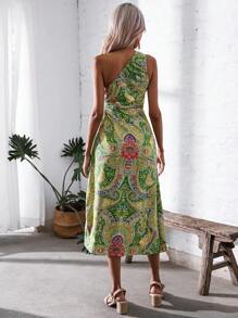 SHEIN VCAY Paisley Print One Shoulder Wrap Hem Dress - Multicolor - View 2