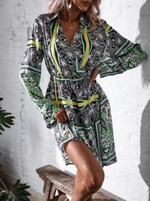 SHEIN LUNE Scarf Print Wrap Detail Dress - Multicolor - View 3