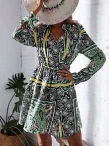 SHEIN LUNE Scarf Print Wrap Detail Dress - Multicolor - View 5