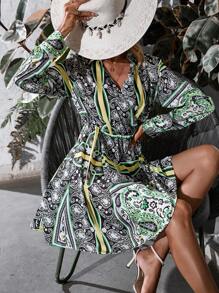 SHEIN LUNE Scarf Print Wrap Detail Dress - Multicolor - View 6