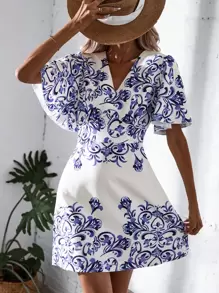 GENKIRA Floral Print Butterfly Sleeve Dress - Blue and White - View 1