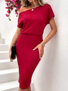 SHEIN Clasi Vestido ajustado unicolor de cuello asimétrico de manga murciélago - Rojo - Ver 3