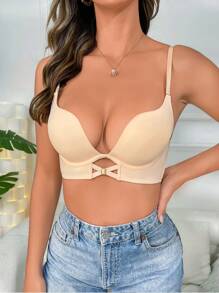 Solid Criss Cross Front Underwire Bra - Apricot - View 3