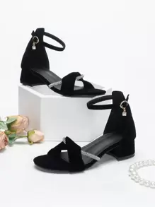 Mujer Sandalias con diseño de diamante de imitación tira tobillera de serraje falso con tacón grueso elegante - Negro - Ver 1