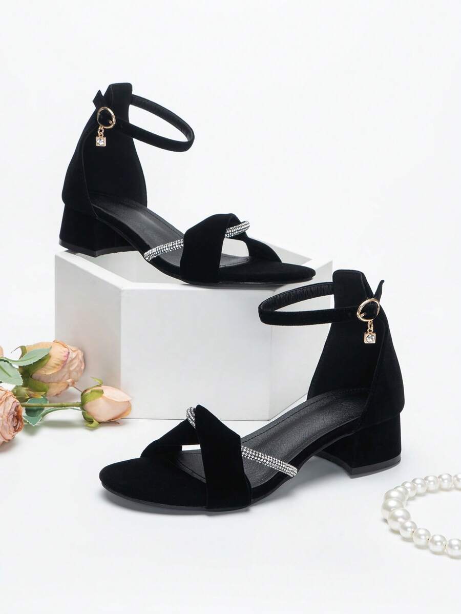 Mujer Sandalias con diseño de diamante de imitación tira tobillera de serraje falso con tacón grueso elegante - Negro - Ver 1