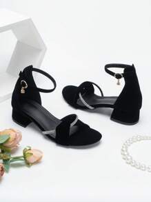 Mujer Sandalias con diseño de diamante de imitación tira tobillera de serraje falso con tacón grueso elegante - Negro - Ver 2