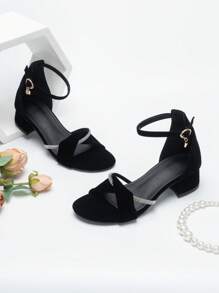 Mujer Sandalias con diseño de diamante de imitación tira tobillera de serraje falso con tacón grueso elegante - Negro - Ver 3