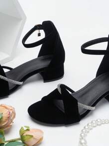 Mujer Sandalias con diseño de diamante de imitación tira tobillera de serraje falso con tacón grueso elegante - Negro - Ver 4