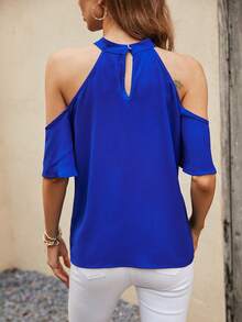 SHEIN Clasi Solid Cold Shoulder Blouse - Royal Blue - View 2